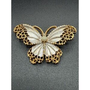 Vintage BSK Gold Silver Faux Pearl Tone Filigree‎ White Enamel Butterfly Brooch